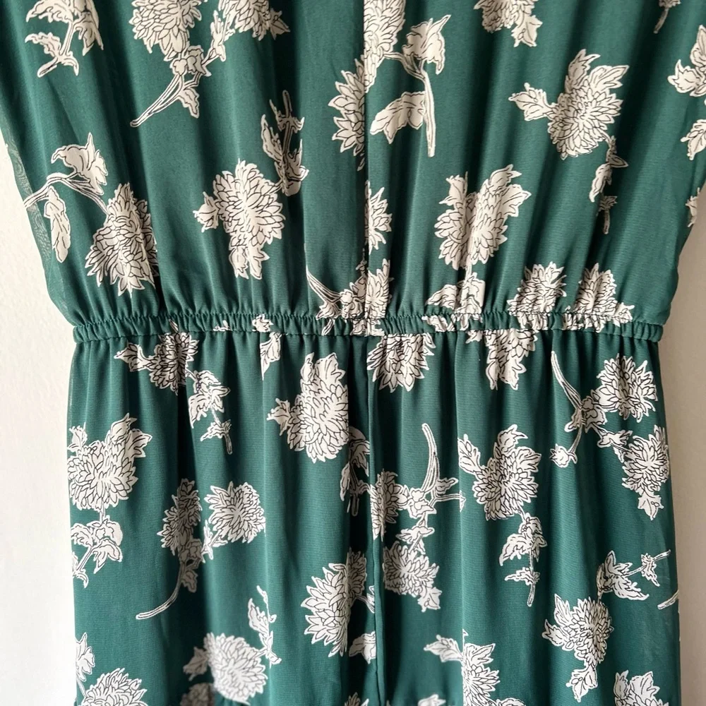 LULU’S Green White Floral Midi Dress | Sheer Sleeve | Mock Neck | Fit Flowy Glam - Picture 10 of 12